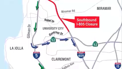 Cierre total en la I-805 sur afectará Sorrento Valley este fin de semana