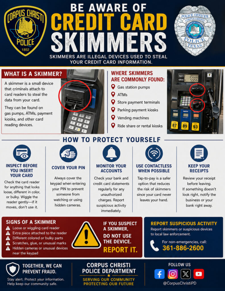 Policía de Corpus Christi alerta sobre fraudes con “skimmers” de tarjetas
