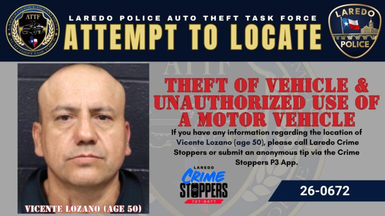 Policía de Laredo busca a hombre por robo y uso no autorizado de vehículo